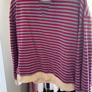 XL Red and Blue Striped Sweatshirt with cream trim.